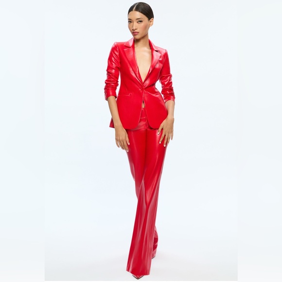 Alice + Olivia Vegan Leather Olivia Pants and Macey Blazer, Bright Ruby Pristine - Picture 1 of 15